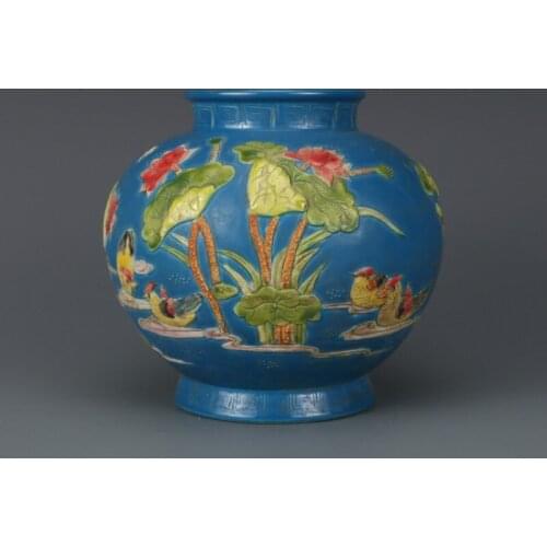 Antique Chinese Qing Dynasty Small Ceramic Vase fahua colour Mandarin Duck Blue Porcelain Decoration Vase