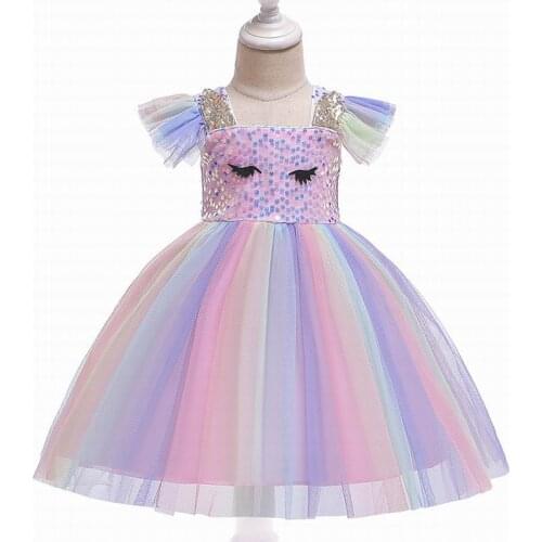 Sequins Unicorn Dress Girl Clothes Rainbow Gauze Flare Sleeves Wedding Birthday Party Princess Dress For 1-6Y D0099