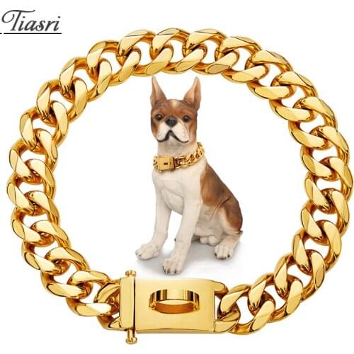 19mm Strong Pet Dog Leash Gold Color Stainless Steel Collar Pet Supplies High Polished Small Medium Large Dogs Chain Hot Sale