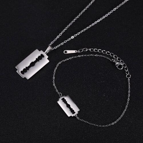 Skyrim Razor Blade Jewelry Set Stainless Steel Simple Shaver Pendant Statement Necklace Charm Bracelet Pulsera Gift for Women