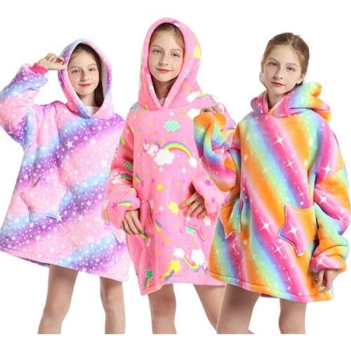 Winter Plush Sherpa Blanket Hoodie Sweatshirt Girl Flannel Blanket Wearable With Sleeves Pocket Warm TV Blanket Height 120-160cm