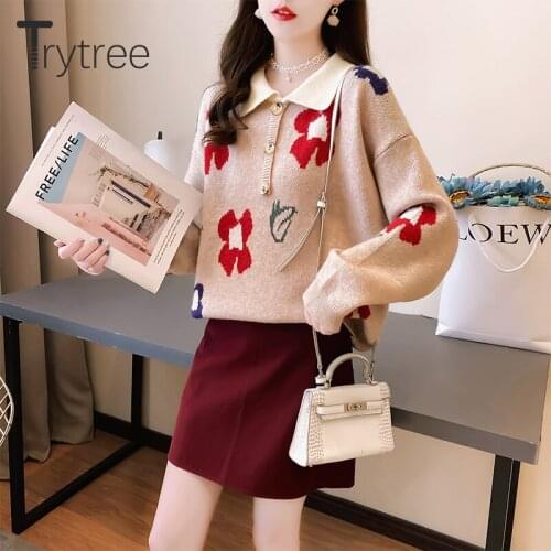 Trytree 2020 Spring Autumn Two Piece Women Sets Casual Floral Knitted Polo Sweater + Mini Skirt Zipper Fly Sweet 2 Piece Set