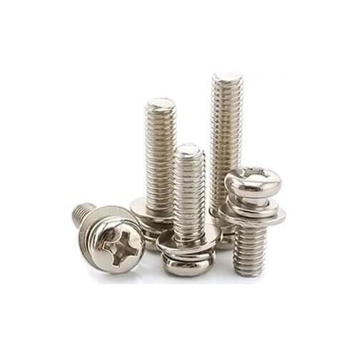 100Pcs M3 M4 M5 M6 SEMS Screws Round Head Phillips Screws with Washer Carbon Steel Three Combine Screws Nickel Plated