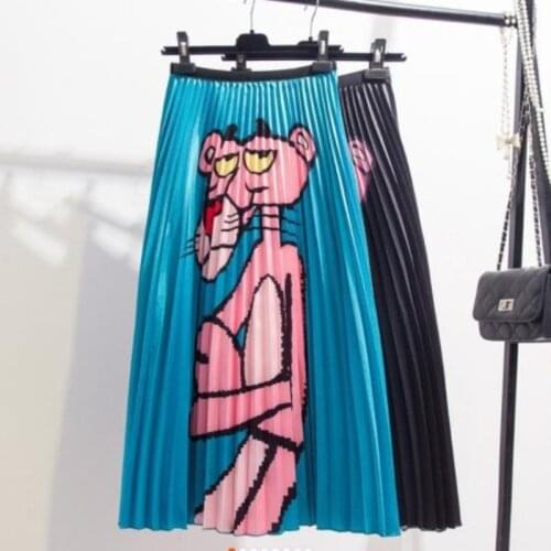 Women Summer A-line Pleated Cartoon Animals Printing Fashion Skirt Elastic Waist Casual Long Skirt