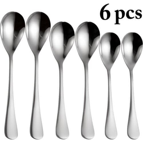 6 Pcs/Set Dinner Spoons Stainless Steel Silver Dessert Ice Cream Scoop Kids Eating Spoon Coffee Stirring Spoon Kitchen Tableware