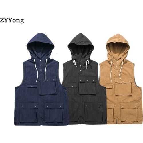 2020 Multi Pocket Hooded Waistcoat Summer Vest With Pockets Men Spring Summer Autumn Breathable Military Green Sleeveless Jacket