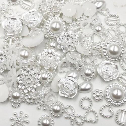 50/100pcs white ABS Resin Half Round flower Bow Alien Pearls For Art Flatback Non Hotfix Rhinestones Pearl Shoes Beads DIY Phone