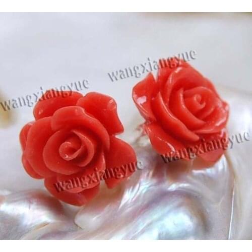 15mm Red Japan Sea Coral Carved Flower Earrings Silver Stud AAA