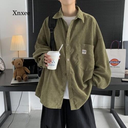 2021Harajuku Corduroy Men Shirts for Men Clothing Shirt Korean Style Coat Men Shirt Long Sleeve Vintage Clothes Streetwear