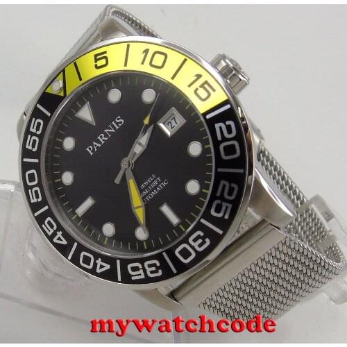42mm Parnis black dial steel bracelet Sapphire glass Miyota auto Mens watch P814
