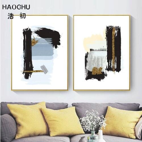 HAOCHU Abstract Splash Brush Effect Black Blue Gold Canvas Painting For Living Room Home Decor Wall Stickers Art Print Posters