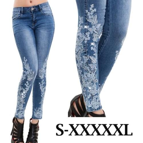 Stretch Embroidered Jeans For Women Elastic Flower Jeans Female Slim Denim Pants Pattern Jeans Pantalon Femme