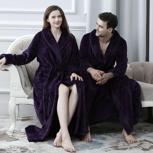 Women Men Extra Long Warm Dobby Coral Fleece Bathrobe Winter Thick Flannel Thermal Bath Robe Kimono Dressing Gown Bride Peignoir