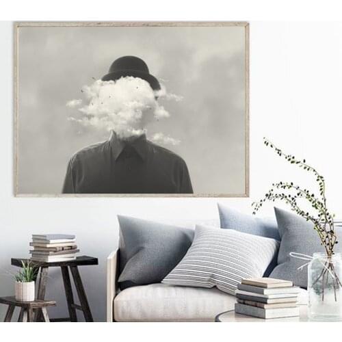 Surreal Concept Man with Cloud Canvas Painting Print Black White Drive Girl Hat Hands Poster For Living Room Wall Pictures Decor