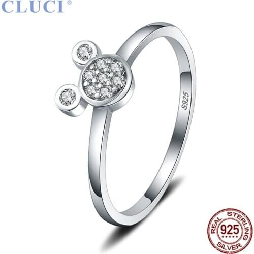 CLUCI 925 Sterling Silver Cute Mouse Shape Ring Women Zircon Party Wedding Ring Gift Jewelry DR1010SB