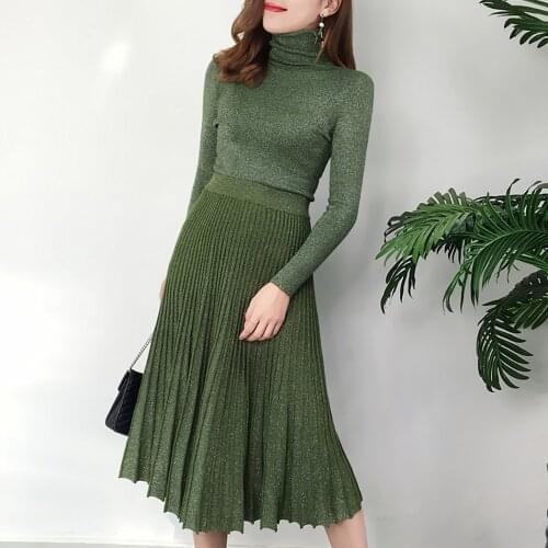 Womens suit autumn retro bright silk high collar sweater long sleeve pullover sweater + high waist long pleated skirt set