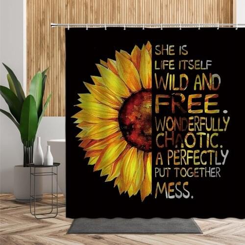 Beautiful Sunflower Flowers Shower Curtain For Bathroom Decors Yellow Floral Creative Letter Hanging Fabric 3D Bath Curtains Set