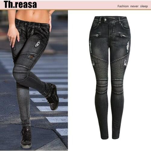 Locomotive Model European and American Womens Clothing Hole-breaking Body-stretching Slim Womens Denim Pencil Pants Small Feet