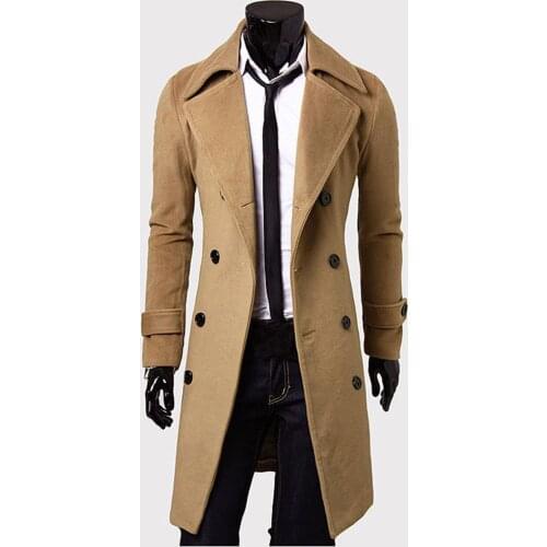 Fashion Winter Men Slim Fit Solid Colors Long Sleeve Trench Coat Casual Turn Down Collar Double Breasted Long Jacket Outwear#35