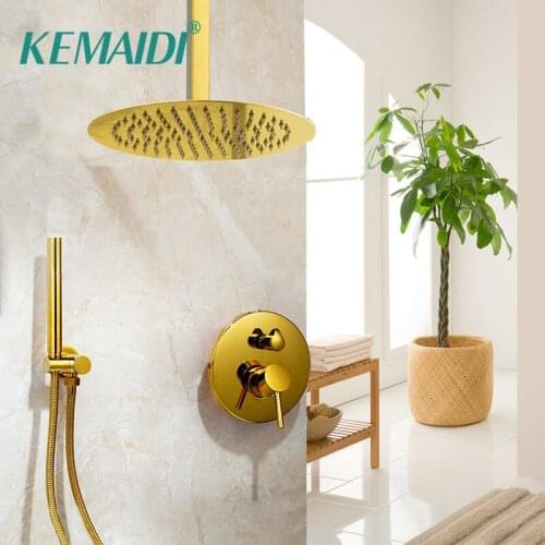 KEMAIDI Rainfall Golden Shower Faucet Set Ceiling Mounted Single Handle Shower Mixer Tap Square Handshower Concealed Install