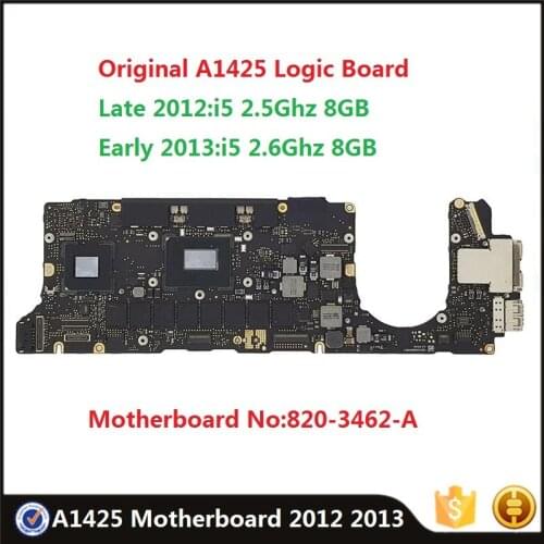 Original A1425 Motherboard 820-3462-A for MacBook Pro Retina 13" Late 2012 Early 2013 i5 2.5Ghz 2.6Ghz 8GB Logic Board Tested