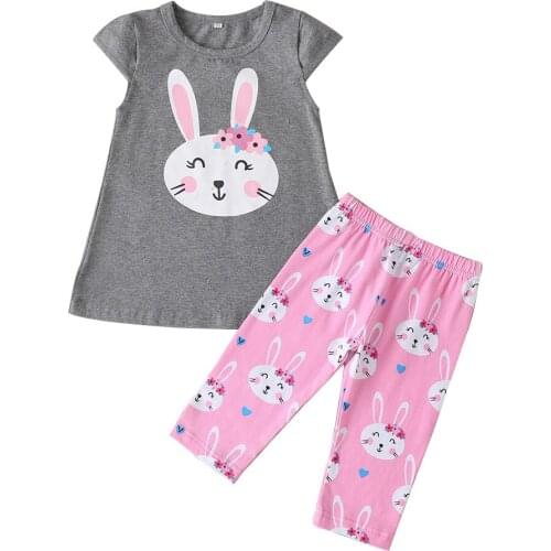 Pudcoco 2021 Summer 1-3 Years Baby Girls' Casual Two-Piece Set Cute Rabbit Print Short Sleeve T-Shirt and Trousers Cute Set