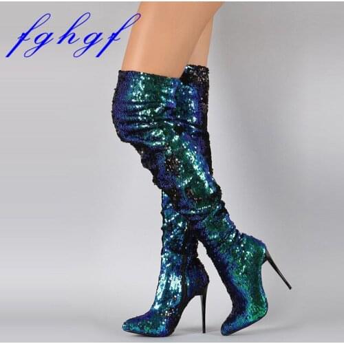 Fghgf Womens knee-high boots, 11cm and high blue sequined knee-high boots, look like shimmering female sexy boots