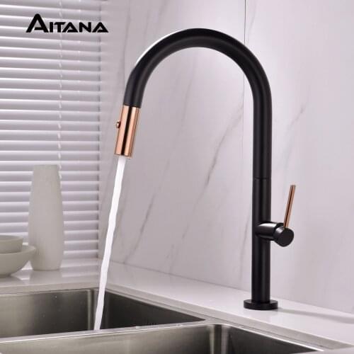 Modern simple single handle brass pull-out kitchen faucet Black Rotary sink faucet