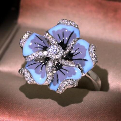 1pc Gorgeous Blue Flower Ring Fashion Trendy Jewelry HANDMADE Enamel RING for women jewelry gift