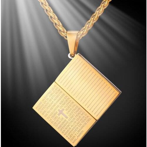 Vintage Holy Bible Pendant Necklace Rope Chain Book Shape Cross Women Men Religion Jewelry Gift