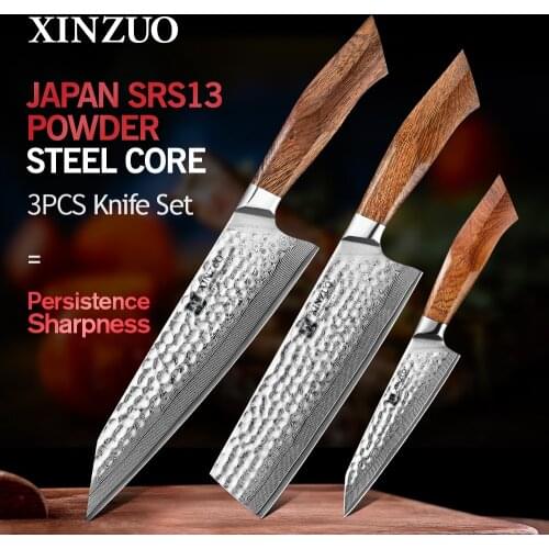 XINZUO 3Pcs Knife Set with Exquisite Acacia Wood Gift Box SRS13/R2/SG2 Damascus Steel Core Blade Kitchen Meat Nakirir Knives