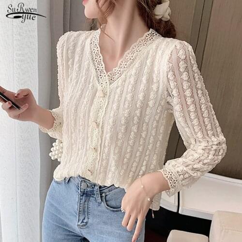 Korean Style V-neck Lace Hollow Stitching Women Top Sweet Long Sleeve Lace Blouse Autumn Chic Button Clothing Blusas Mujer 12567