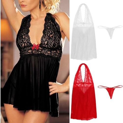 Women Babydolls Female Sexy Lingerie Lace Backless Sleepwear Hot Sleepdress Nightwear Halter Thong Set