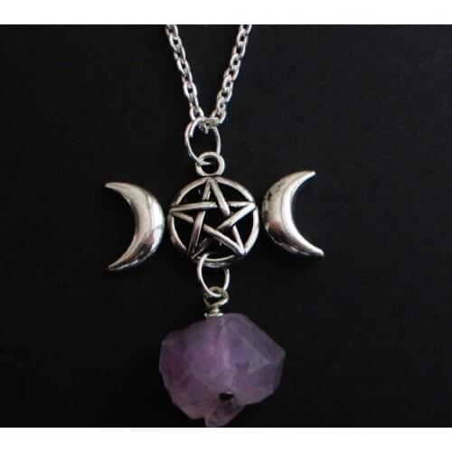 Witch Purple Raw Crystal Triple Moon Chain Necklace Punk Occult Gothic Pendant Pagan Jewelry Wiccan Women Gift Statement Goth
