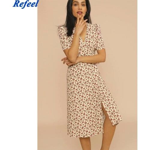 Women V-Neck Wrap Midi Dress 2021 Spring New Floral Print Puff Sleeve Side Buttons Lace-Up Waist Dresses Ladies Holiday Robe