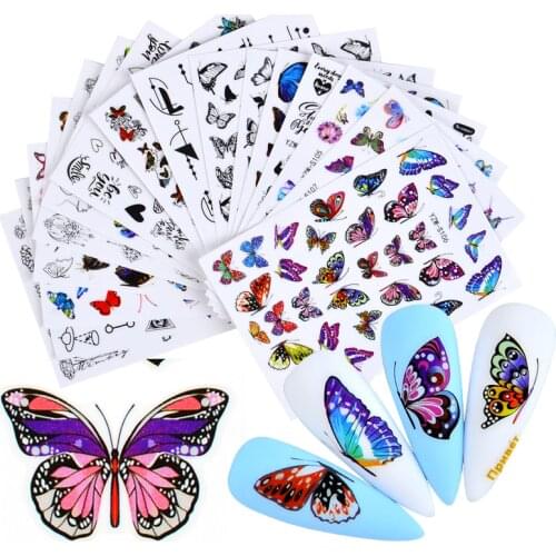 FWC 1PC Holographic 3D Butterfly Nail Art Stickers Adhesive Sliders Colorful DIY Nail Foils Wraps Decorations