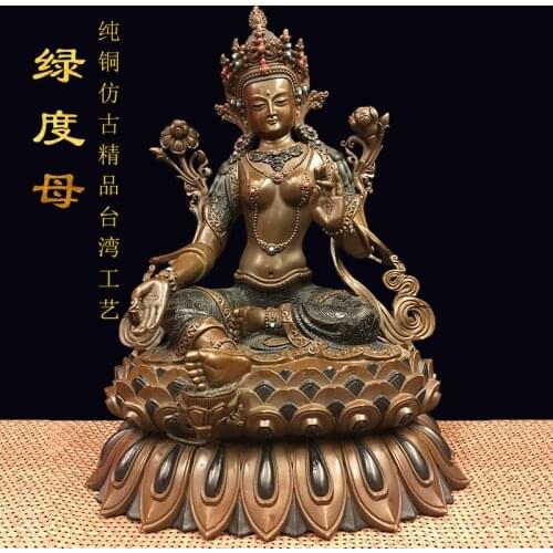1500- 34CM Large# TOP GOOD Lotus Green Tara Buddha Buddhist bless family home Safety Health wealth efficacious Buddha statue