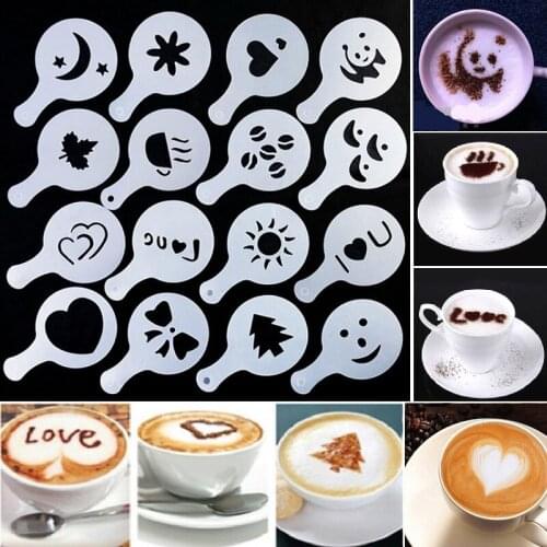 16Pcs/Set Cake Mold Coffee Milk Cupcake Stencil Template Cappuccino Mold Fancy Coffee Printing Model Powdered Sugar Spray Tools