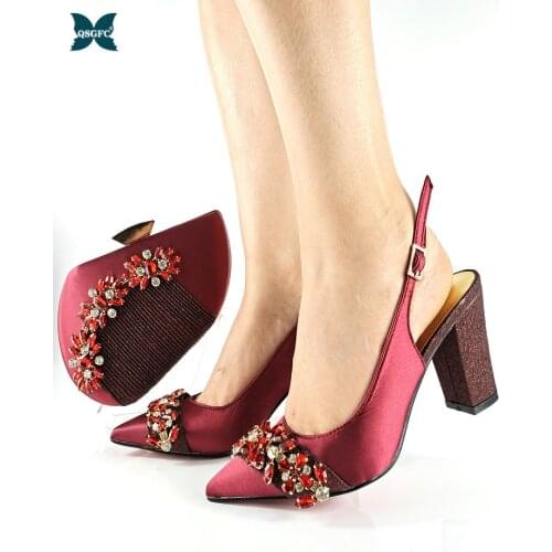 2021 New Arrival Italian Design Hot Selling Wine Color Party Wedding Elegant Ladies Shoes and Bag Set Decorated WIth Rhinestone