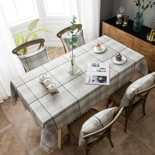 American Pastoral Rectangular Coffee Table Gray-White Black Line Lattice With Tassels Tablecloth Cotton And Linen Tablecloth