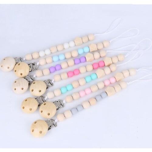 Baby Pacifier Clip Chain Silicone Beads Wooden Holder Soother Pacifier Clips Nipple Holder for Infant Nipple Bottle Clip Chain