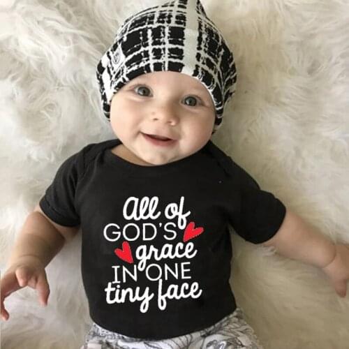 All of Gods Grace in One Tiny Lace Boy Girl Romper Letter Print Cotton Short Sleeve Jumpsuit Infant Outfit Newborn Baby Clothes