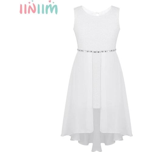 Iiniim 6-14 Years Kids Teen Sleeveless Sparkly Rhinestone Waist High-low Hem Dress for Birthday Casual Party Dress for Girls