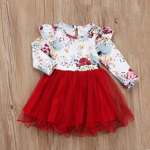 Baby / Toddler Girl Floral Flare Shoulder Splice Tulle Long-sleeve Dress
