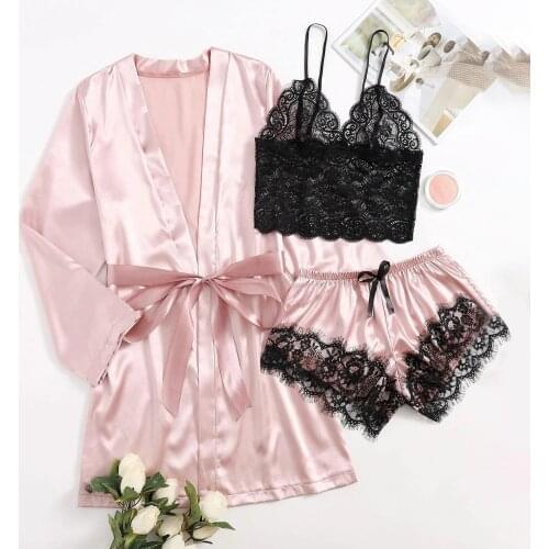 3 Pcs New Summer Pajamas Set Womens Sleepwear Satin Floral Lace Bralette Shorts Lingerie Female Robes Nightie Women Night Suit