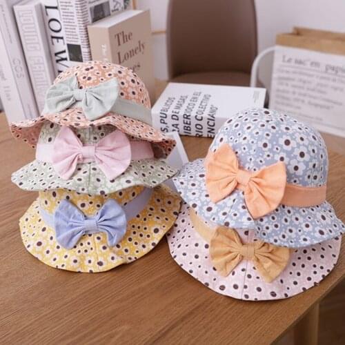 2021 New Cotton Floral Kids Hat Solid Color Dot Bow Baby Girl Sun Protection Bonnet Outdoors Children Thin Bucket Hat