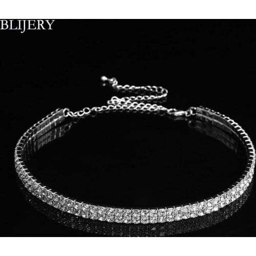 BLIJERY Fashion Women Jewelry Silver Color 2 Rows Rhinestone Choker Necklace Bridal Wedding Party Crystal Chokers Elastic Cord