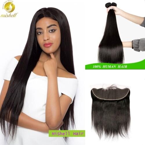 Mishell 30 32 34 40 Inch Straight Brazilian Hair Weave Bundles With Frontal Human Hair Bundles With Closure Remy Hair Extension