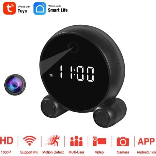Tuya Smart Mini Wifi Digital Clock Camera 1080P Wireless Night Vision Motion Detect Camera Built-in 5000mah Battery Micro Camera