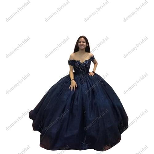 2021 Dark Blue Off Shoulder Ball Gown Dresses for 15 16 Years Old Girls Birthday Party Cocktail Quinceanera Dress Floral Flowers